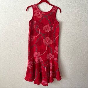 Vintage One Papaya Hawaiian Sleeveless Dress Girls Floral Leaf Muumuu Ruffle